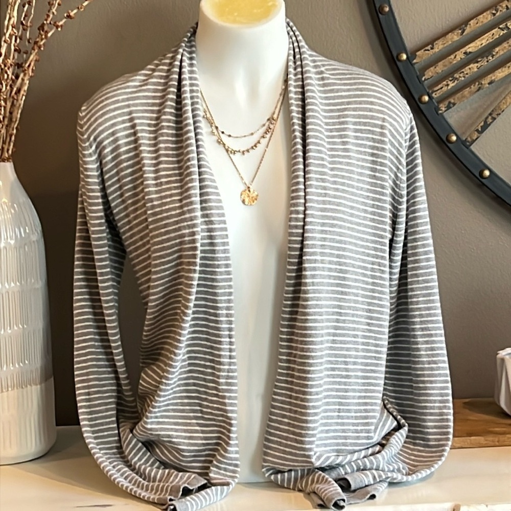 JOE FRESH Cotton Blend Grey & White Striped Cardigan Sweater Size Medium
